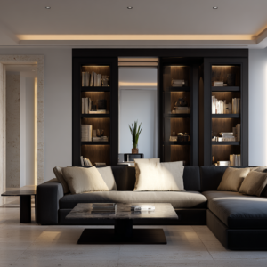 Light oak, dark wood, gray marble with brass handle, plus off-white, black, and brass cubes arranged on an oak surface with sunlight.
