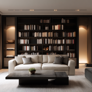 Oak cabinet samples with a light stone slab, dark wood handle with brass pull, and neutral tile samples in soft daylight.