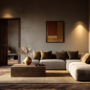 Warm modern lounge with textured taupe walls, L-shaped sectional, herringbone wood floors, and minimalist decor.