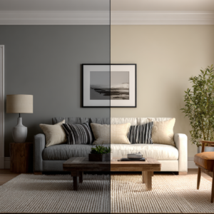 Flat lay of marble, warm oak, gray stone, dark wood, plus brass and black hardware samples arranged on a textured surface.
