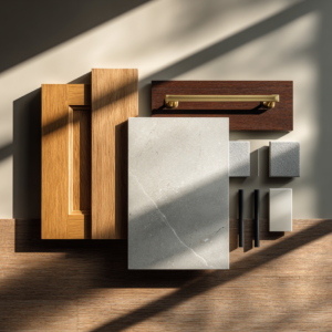 White sofa and black coffee table in front of a floor-to-ceiling black library wall, framed by large windows and soft lighting.