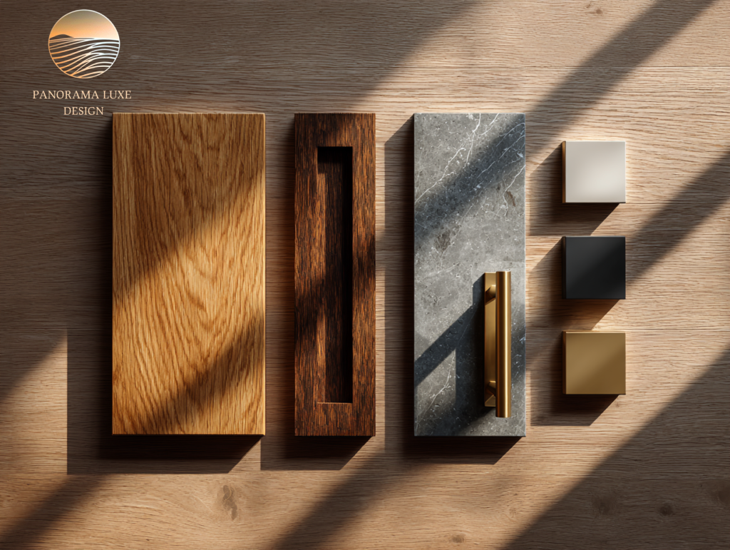 Black sectional with cream cushions set against dark built-in shelving, pale stone flooring, and warm layered lighting.