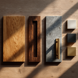 Black sectional with cream cushions set against dark built-in shelving, pale stone flooring, and warm layered lighting.