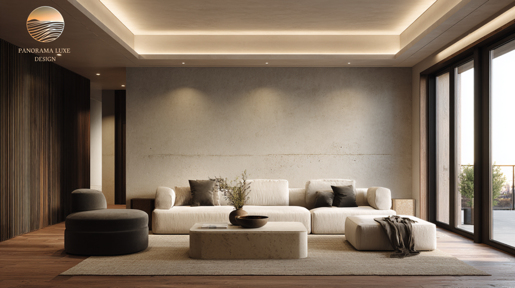 Cream sectional and stone coffee table against a concrete wall, with a dark accent chair and large windows bringing soft daylight.