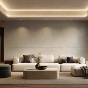 Cream sectional and stone coffee table against a concrete wall, with a dark accent chair and large windows bringing soft daylight.