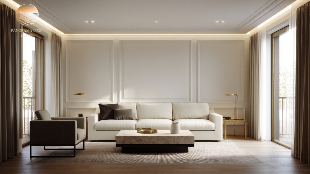 Ivory sofa centered against paneled walls with a marble coffee table, soft curtains, and subtle brass accents in natural daylight.