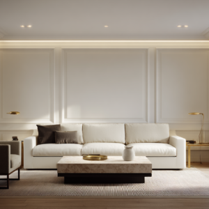 Ivory sofa centered against paneled walls with a marble coffee table, soft curtains, and subtle brass accents in natural daylight.