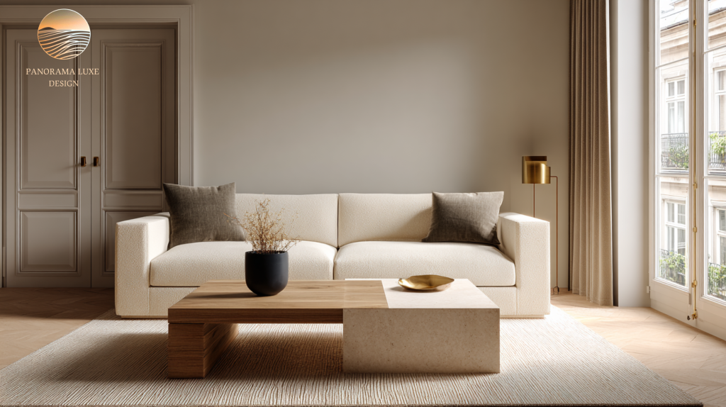 Textured ivory sofa with a mixed wood-and-stone coffee table, warm beige wall, and brass floor lamp beside sheer curtains.