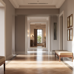 Warm neutral hallway with bench seating, framed artwork, sunlight, and patterned wood flooring in a refined modern-classic style.