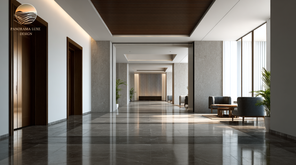 Modern luxury lobby corridor with wood-slat ceiling, marble floors, lounge seating, and floor-to-ceiling windows.