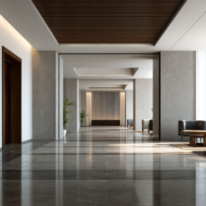 Modern luxury lobby corridor with wood-slat ceiling, marble floors, lounge seating, and floor-to-ceiling windows.