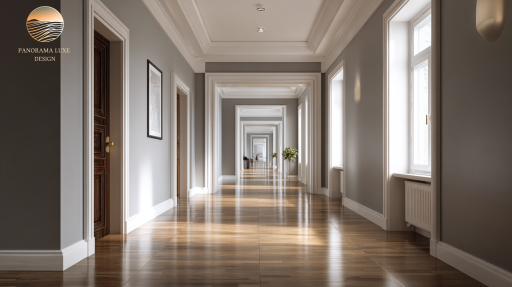 Long, light-filled hallway with gray walls, white trim, wood flooring, tall windows, and repeating doorways.