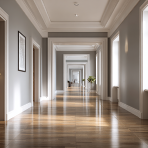 Long, light-filled hallway with gray walls, white trim, wood flooring, tall windows, and repeating doorways.