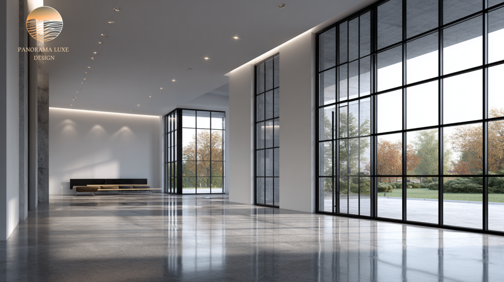Minimalist atrium with polished concrete floors, white walls, recessed lighting, and large black-framed windows.