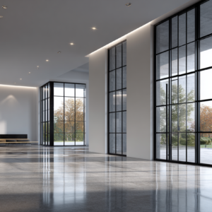 Minimalist atrium with polished concrete floors, white walls, recessed lighting, and large black-framed windows.
