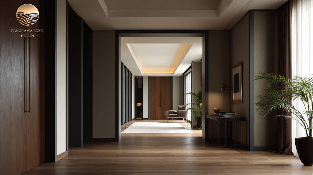 Contemporary entry hallway with dark wood doors, warm recessed cove lighting, wood floors, console table, and a potted palm.