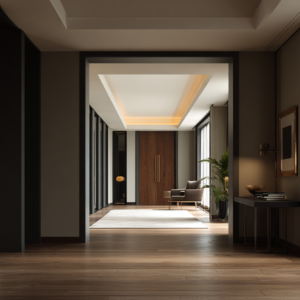 Contemporary entry hallway with dark wood doors, warm recessed cove lighting, wood floors, console table, and a potted palm.