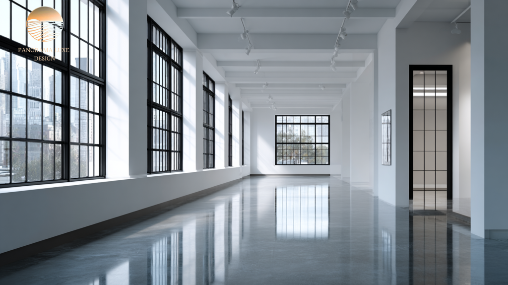 White industrial loft corridor with black grid windows, glossy reflective floor, and track lighting in a minimalist space.