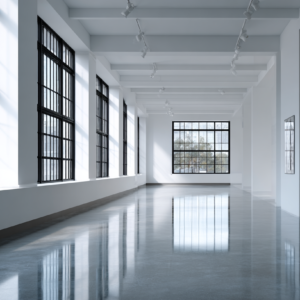 White industrial loft corridor with black grid windows, glossy reflective floor, and track lighting in a minimalist space.