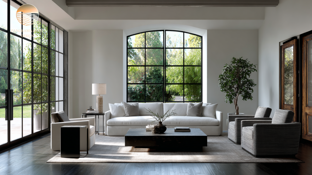 Bright modern living room with arched black-framed window, white sofa, black coffee table, and neutral armchairs by a garden view.