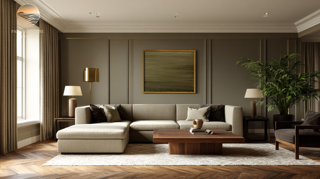 Modern luxury living room with warm greige paneled walls, linen sectional sofa, walnut coffee table, and brass lighting.