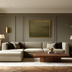 Modern luxury living room with warm greige paneled walls, linen sectional sofa, walnut coffee table, and brass lighting.