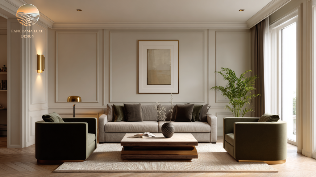 Elegant neutral living room with greige paneled walls, sofa, olive accent chairs, layered textiles, and warm brass sconces.
