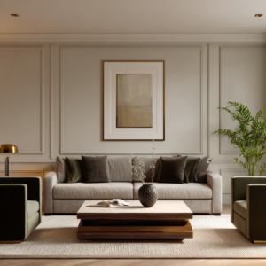 Elegant neutral living room with greige paneled walls, sofa, olive accent chairs, layered textiles, and warm brass sconces.