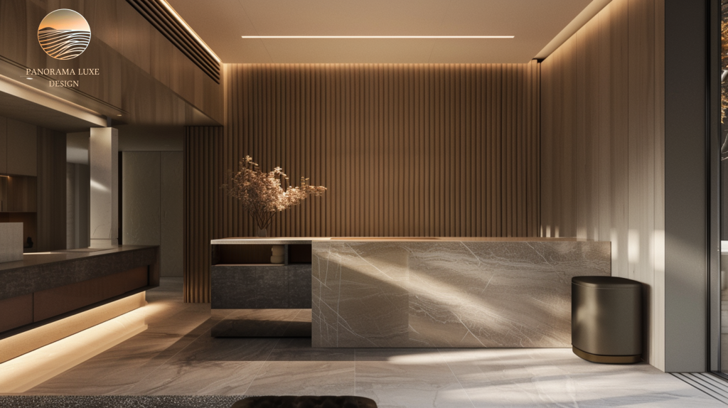 Modern luxury kitchen with stone island, wood wall panels, and integrated lighting