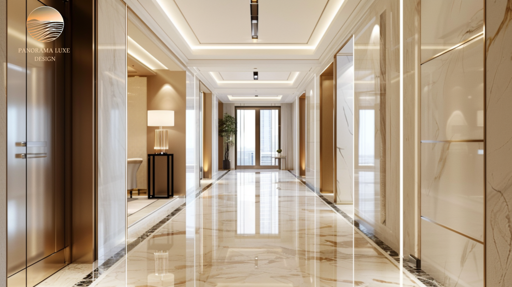 Modern luxury interior corridor with marble floors, warm lighting, and refined architectural detailing