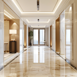 Modern luxury interior corridor with marble floors, warm lighting, and refined architectural detailing