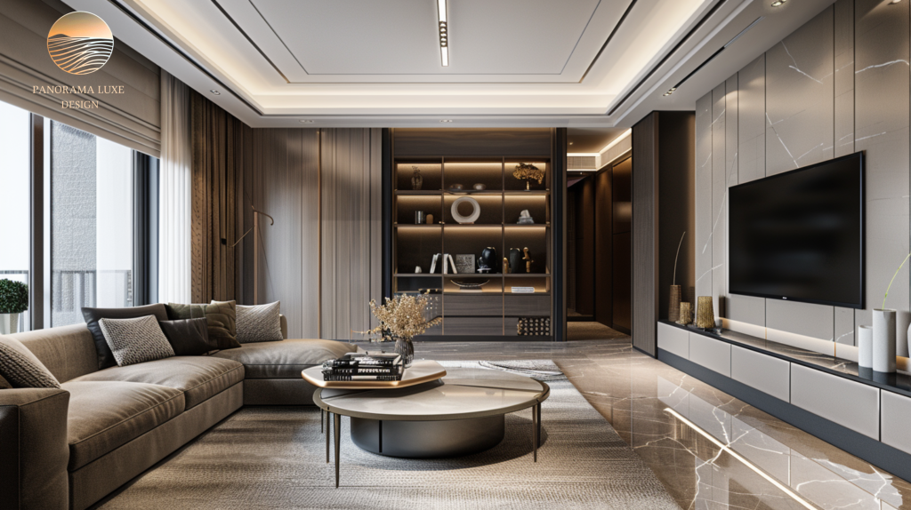 Modern luxury living room with custom shelving, neutral palette, and integrated lighting