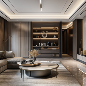Modern luxury living room with custom shelving, neutral palette, and integrated lighting