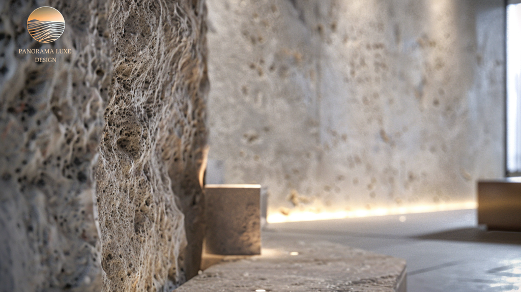 Textured stone wall with integrated lighting in a modern luxury interior