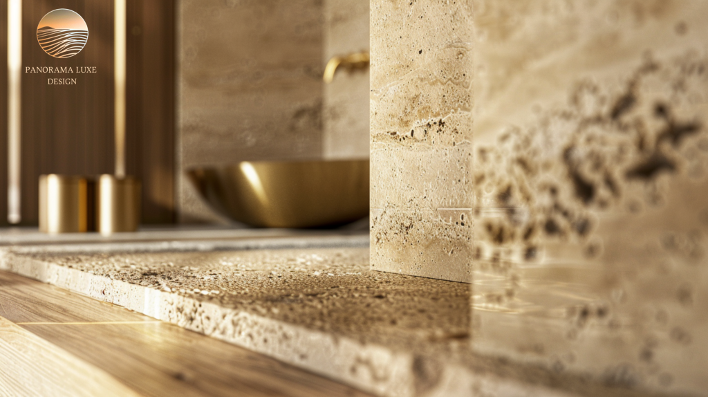 Luxury bathroom stone detailing with warm lighting and brass accents