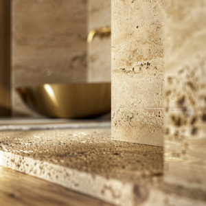 Luxury bathroom stone detailing with warm lighting and brass accents