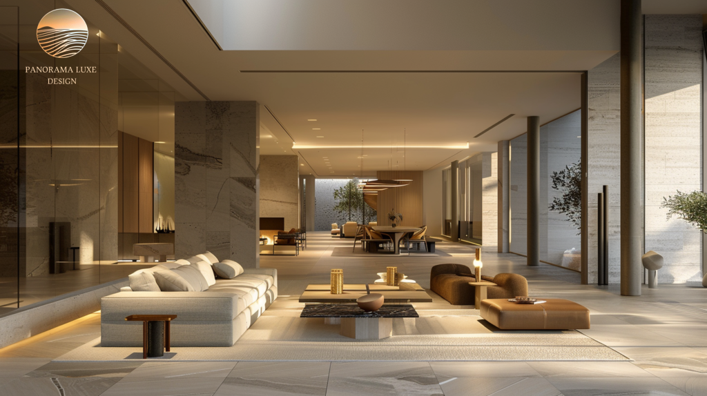Open-plan luxury living space with refined furniture, natural stone, and warm lighting