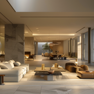 Open-plan luxury living space with refined furniture, natural stone, and warm lighting