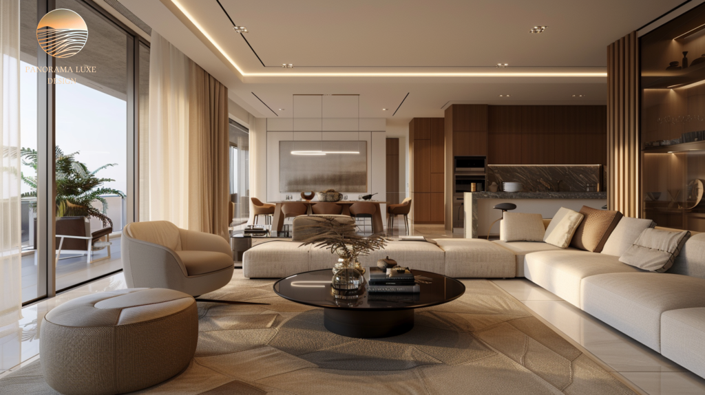 Modern luxury living and dining area with integrated kitchen and neutral tones