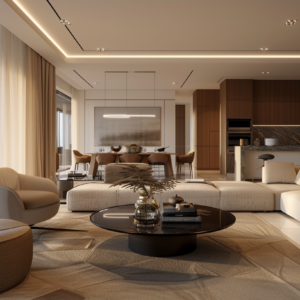 Modern luxury living and dining area with integrated kitchen and neutral tones