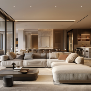 Luxury living room with large glass doors connecting interior and exterior spaces