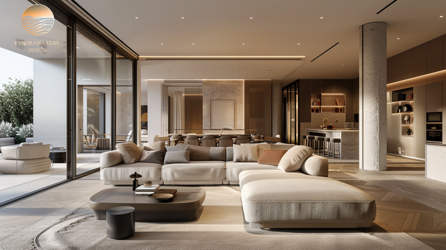 Luxury living room with large glass doors connecting interior and exterior spaces