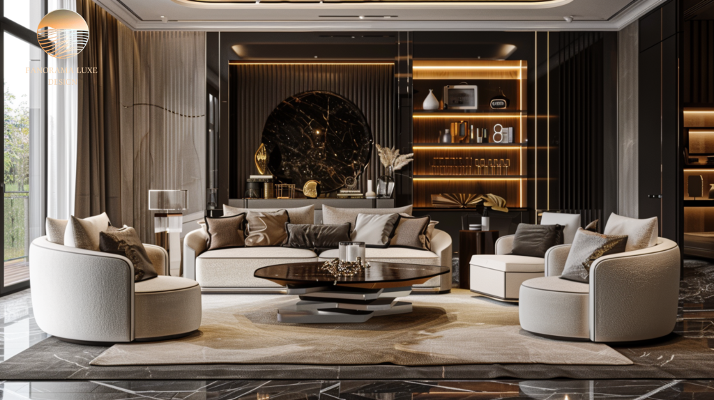 Luxury living room with curved seating, layered lighting, and custom shelving