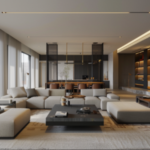 Minimalist luxury living room with neutral furniture and architectural lighting