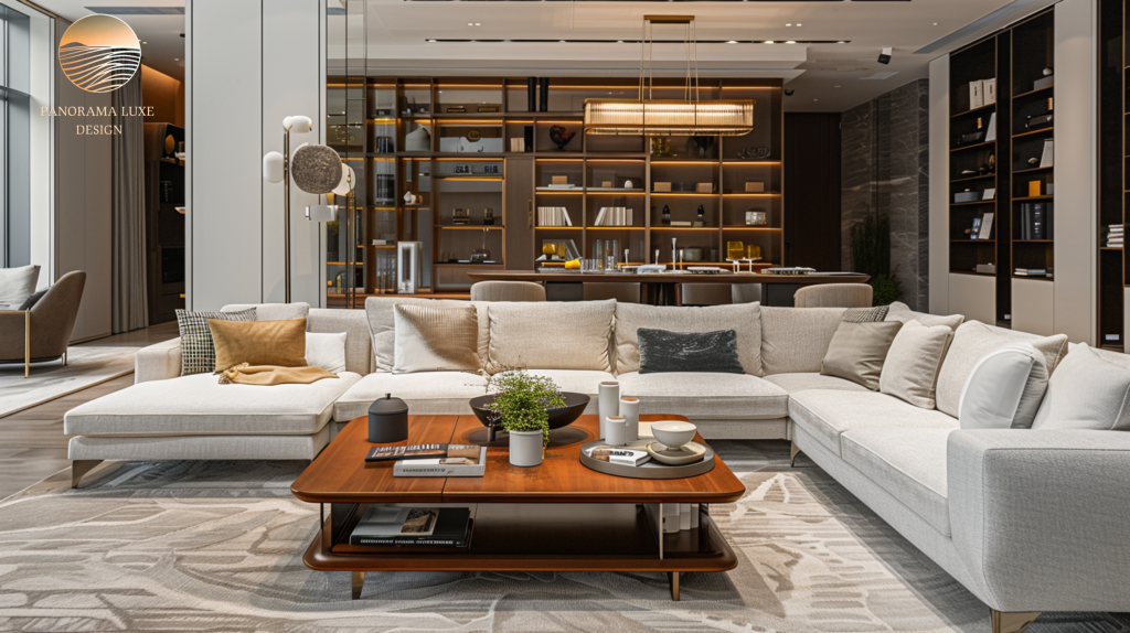 Open luxury living space with sectional sofa and custom library wall