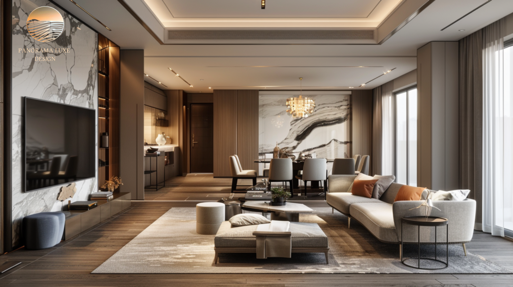 Luxury living and dining area with stone feature wall and modern lighting