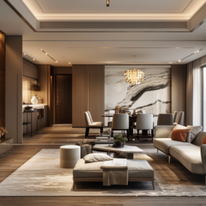 Luxury living and dining area with stone feature wall and modern lighting