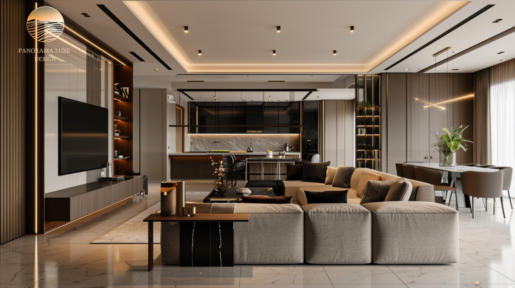 Modern luxury open-plan living room with integrated kitchen and warm lighting
