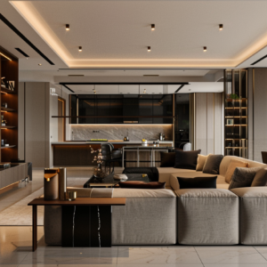 Modern luxury open-plan living room with integrated kitchen and warm lighting