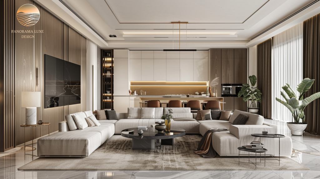 Luxury living room with soft daylight, neutral furnishings, and textured finishes